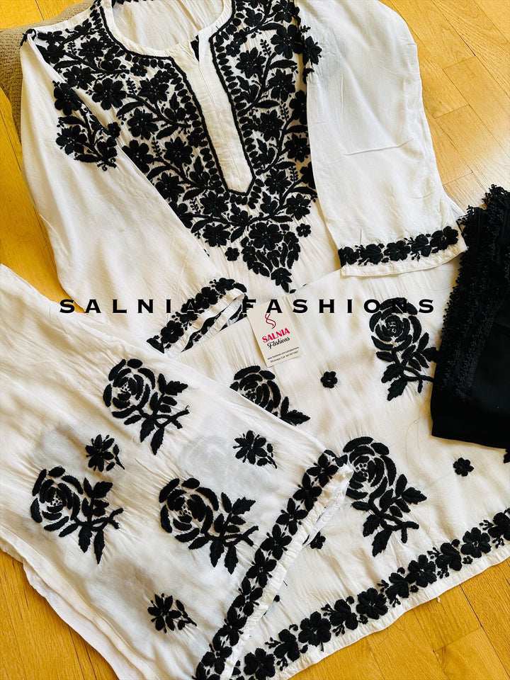 3-D WHITE/BLACK CHIKANKARI CO-ORD SET