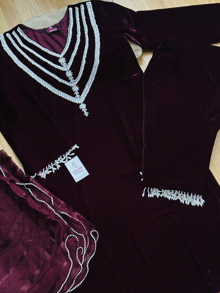 PEARL HAND EMBROIDERED VELVET SET BURGUNDY