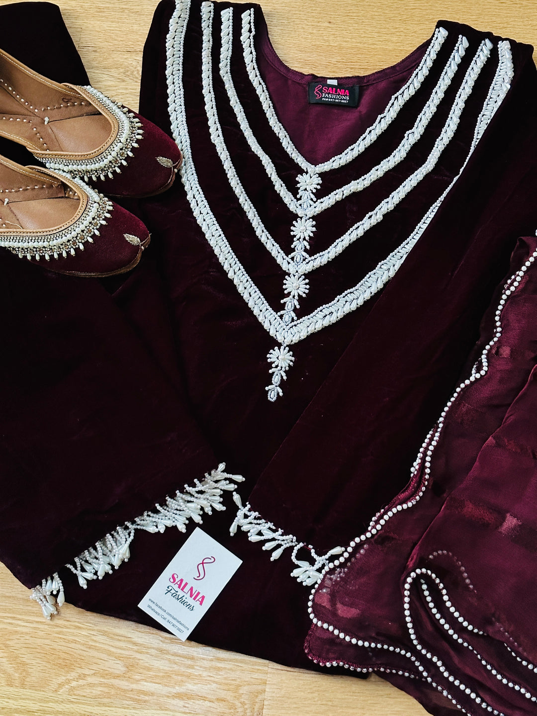 PEARL HAND EMBROIDERED VELVET SET BURGUNDY