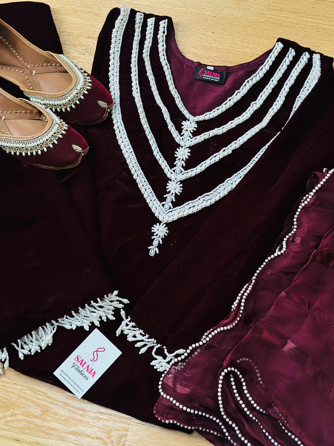 PEARL HAND EMBROIDERED VELVET SET BURGUNDY