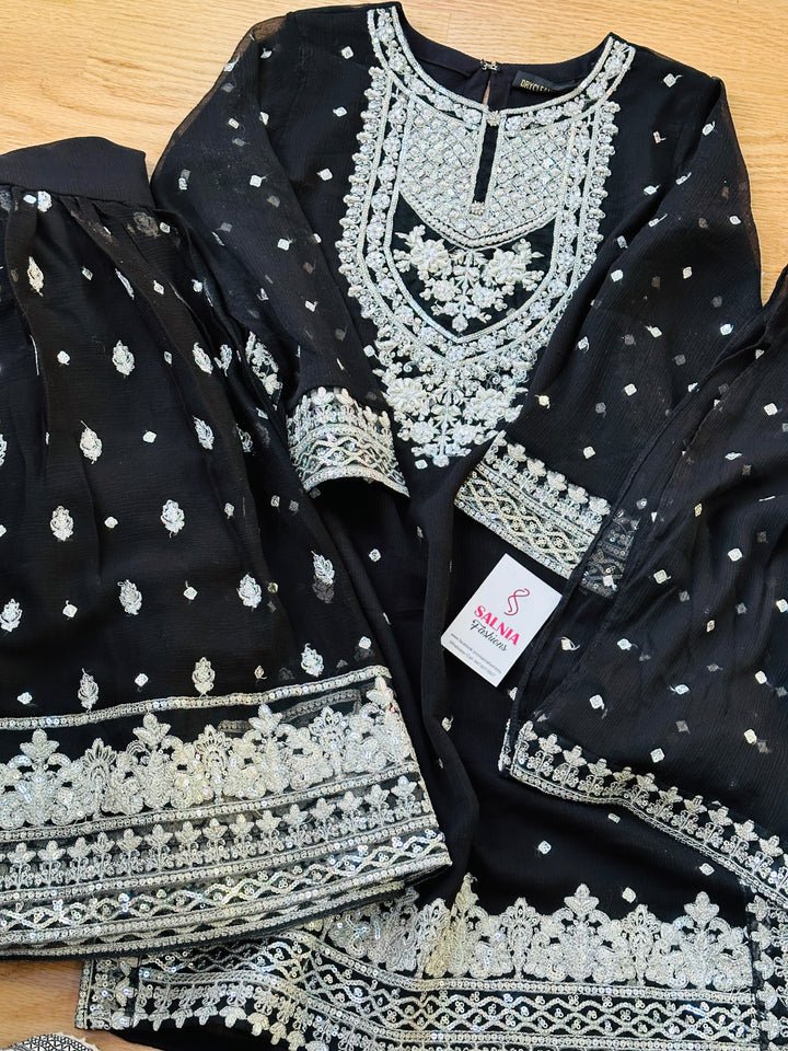 EMBROIDERED CHIFFON KIDS 3-PC SUIT BLACK ALKD10