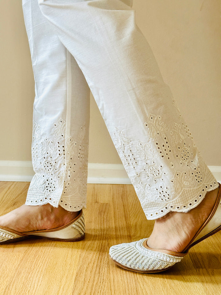 EMBROIDERED COTTON STRAIGHT PANTS WHITE EMST14