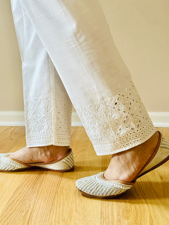 EMBROIDERED COTTON STRAIGHT PANTS WHITE EMST15