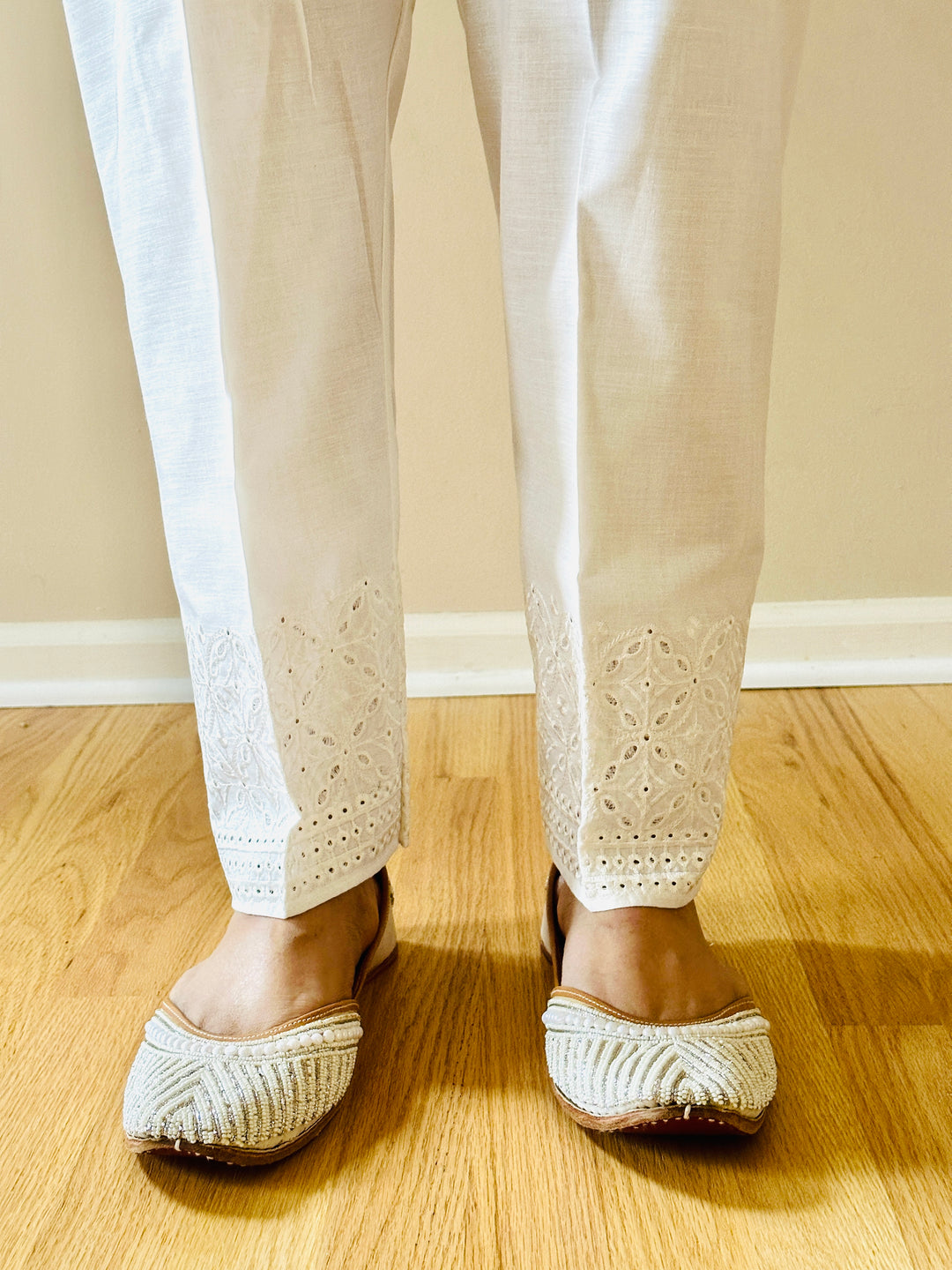 EMBROIDERED COTTON STRAIGHT PANTS WHITE EMST15