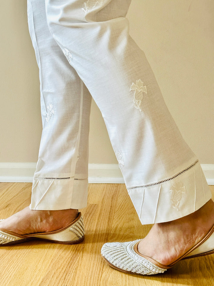 EMBROIDERED COTTON STRAIGHT PANTS WHITE EMST16