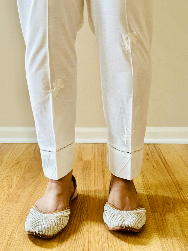 EMBROIDERED COTTON STRAIGHT PANTS WHITE EMST16