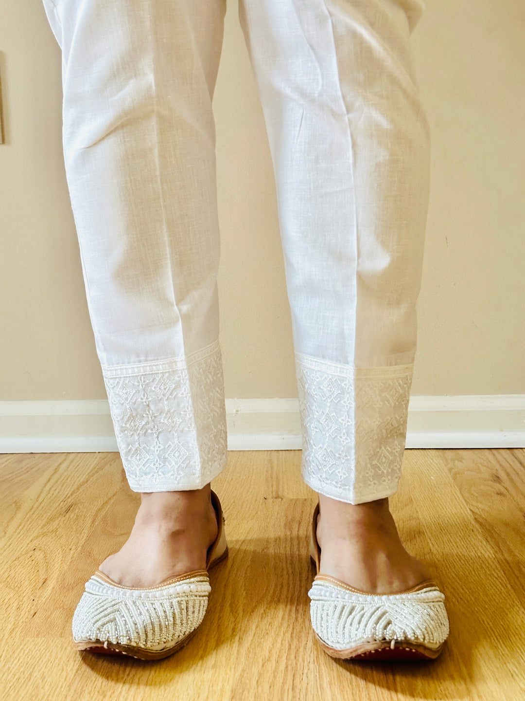 EMBROIDERED COTTON STRAIGHT PANTS WHITE EMST22