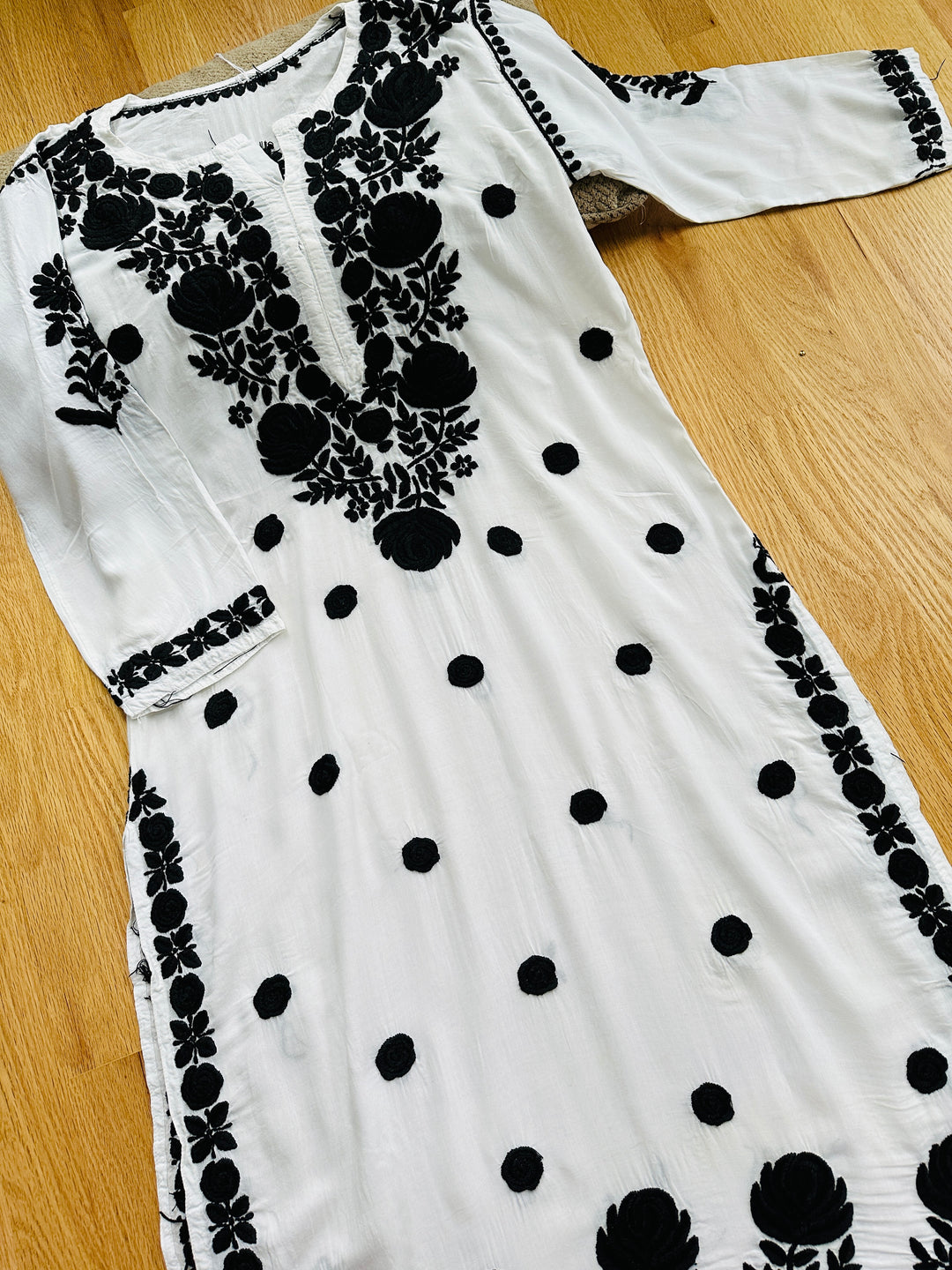 3-D CHIKANKARI BLACK ON WHITE SHIRT