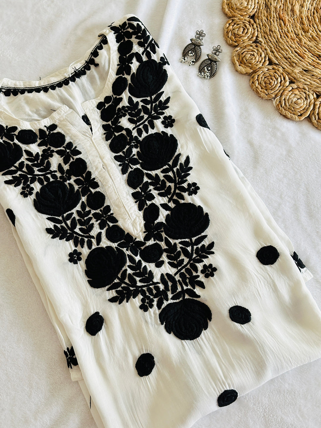 3-D CHIKANKARI BLACK ON WHITE SHIRT