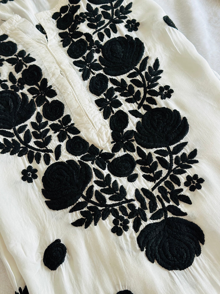 3-D CHIKANKARI BLACK ON WHITE SHIRT