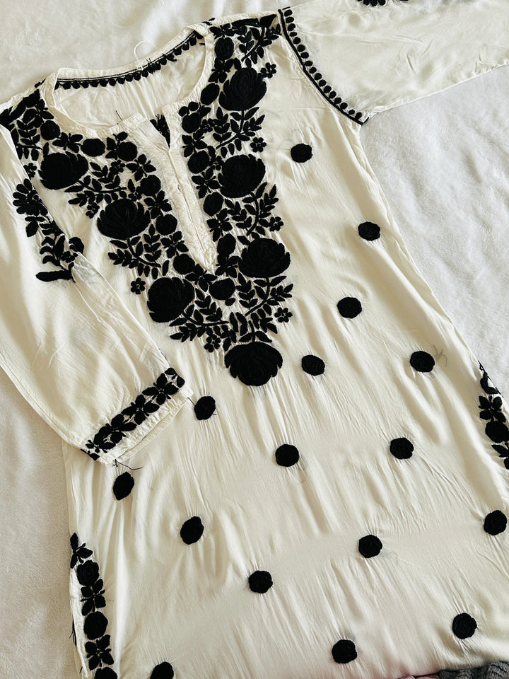 3-D CHIKANKARI BLACK ON WHITE SHIRT