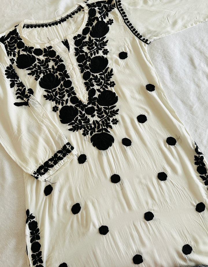 3-D CHIKANKARI BLACK ON WHITE SHIRT