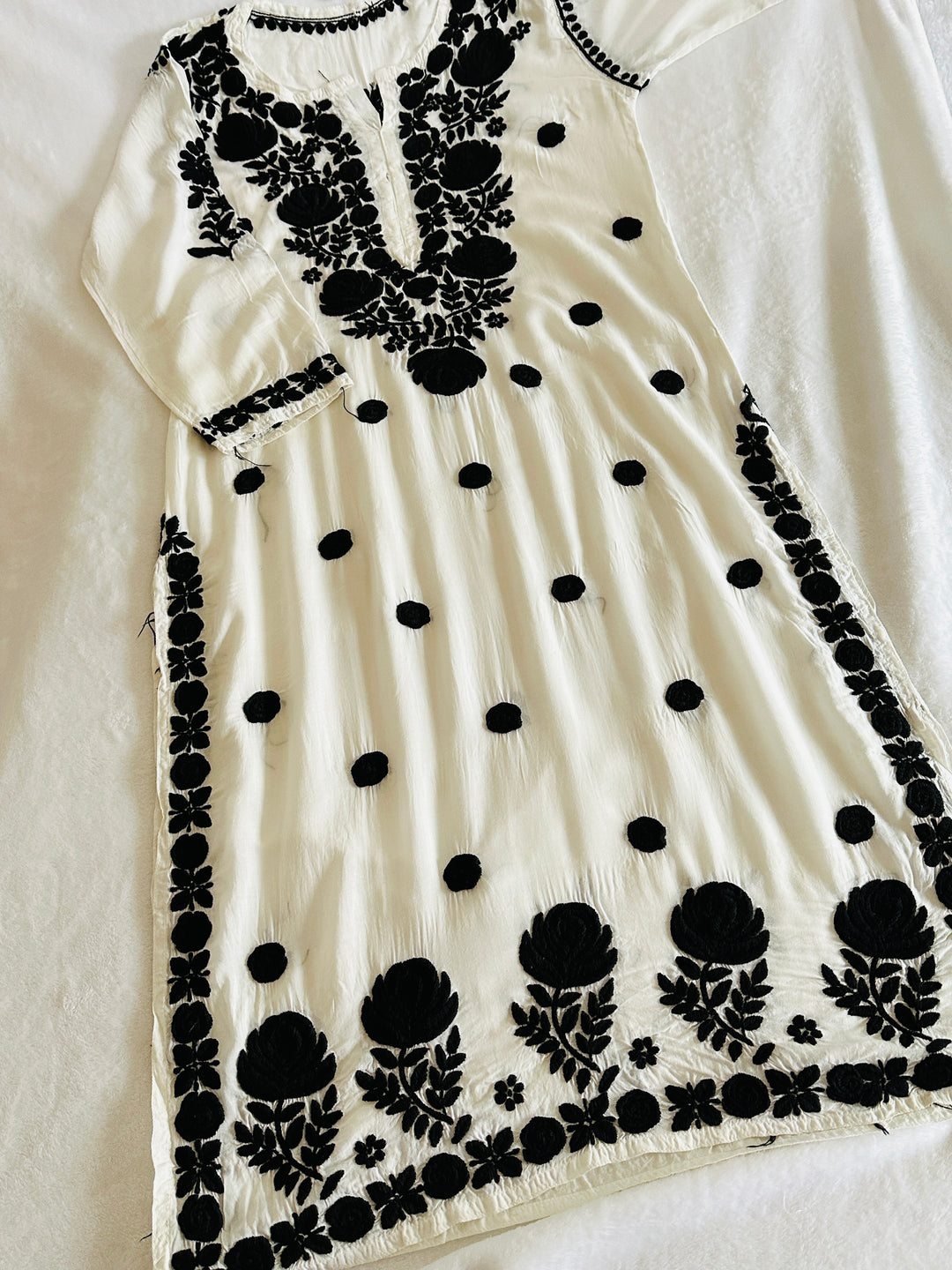 3-D CHIKANKARI BLACK ON WHITE SHIRT