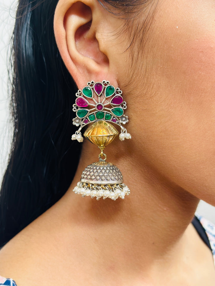 OXIDIZED DUAL TONE JUMKA EARRING RED/GREEN EROX803351