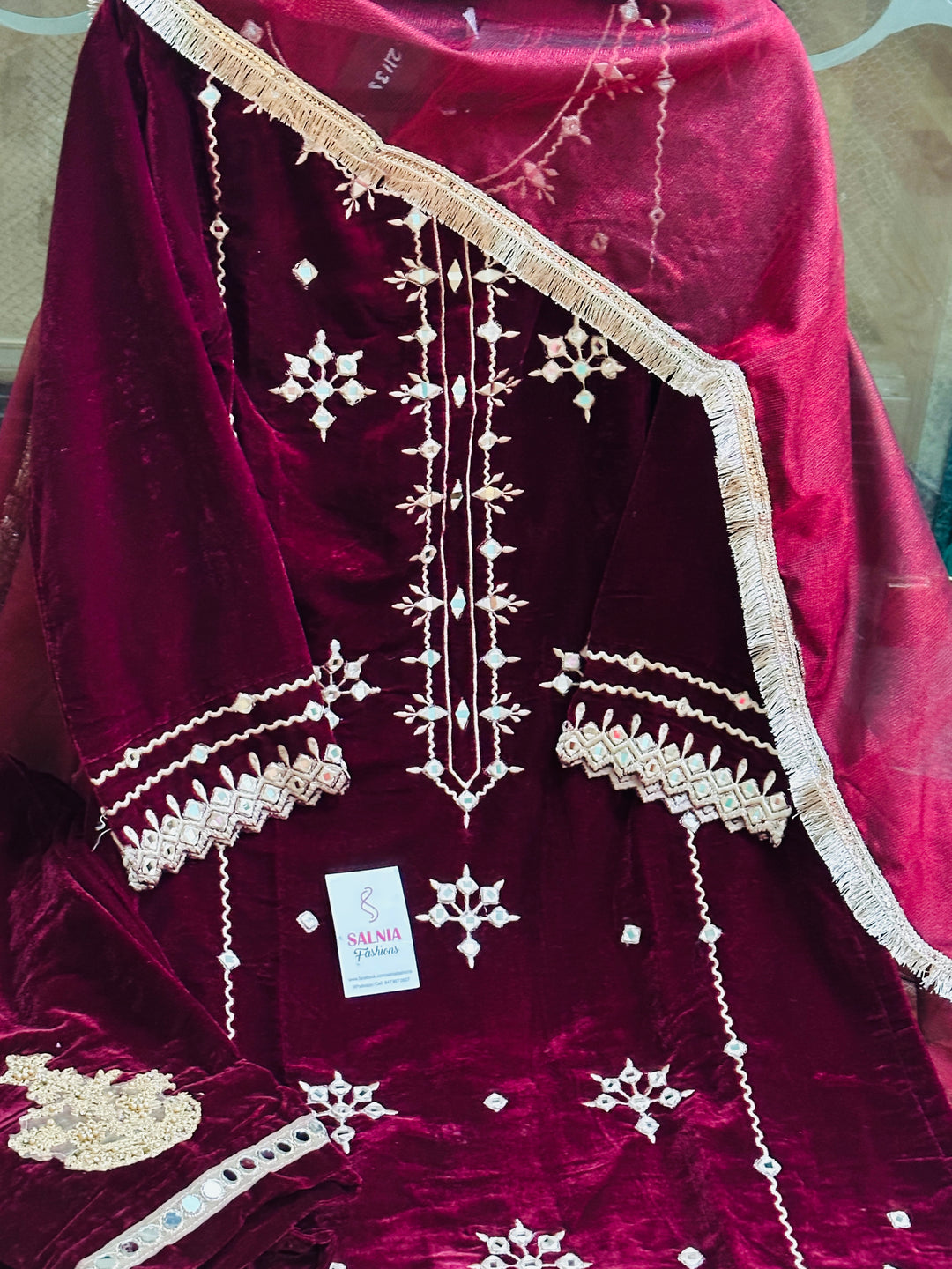 EMBROIDERED VELVET SUIT WITH MIRROR WORK MAROON