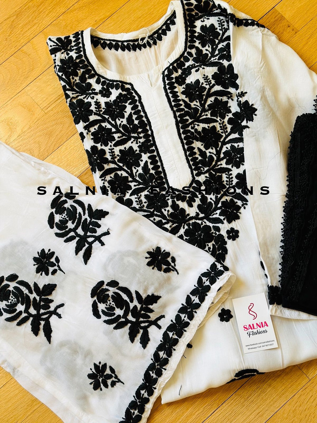 3-D WHITE/BLACK CHIKANKARI CO-ORD SET