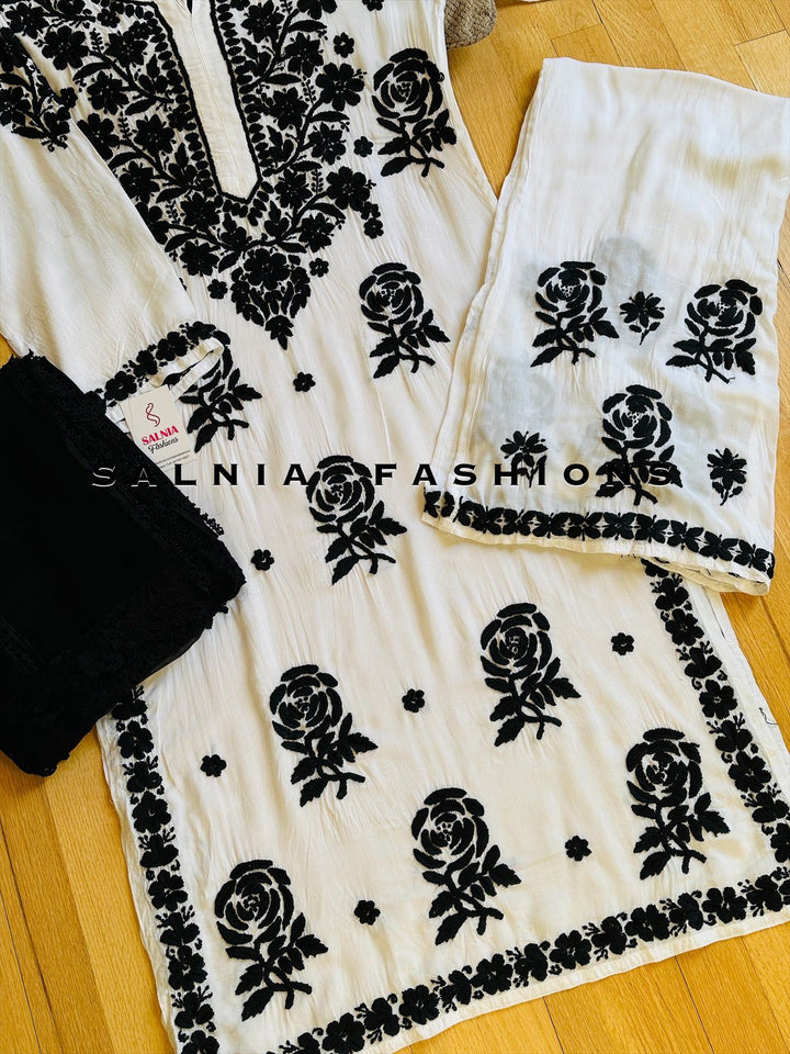 3-D WHITE/BLACK CHIKANKARI CO-ORD SET