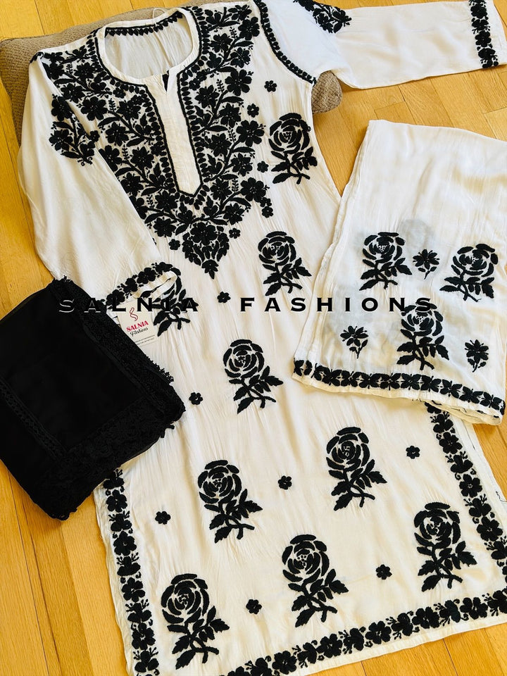 3-D WHITE/BLACK CHIKANKARI CO-ORD SET