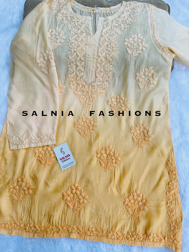 3-D CHIKANKARI OMBRE SILK TUNIC PEACH