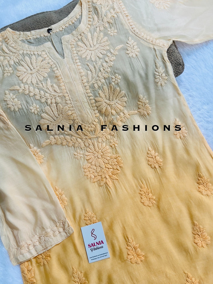 3-D CHIKANKARI OMBRE SILK TUNIC PEACH