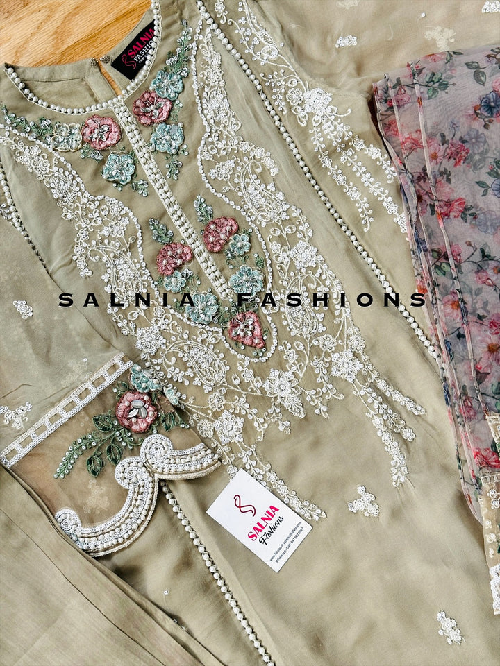 EMBROIDERED CHIFFON KIDS 3-PC SUIT BEIGE ALKD06