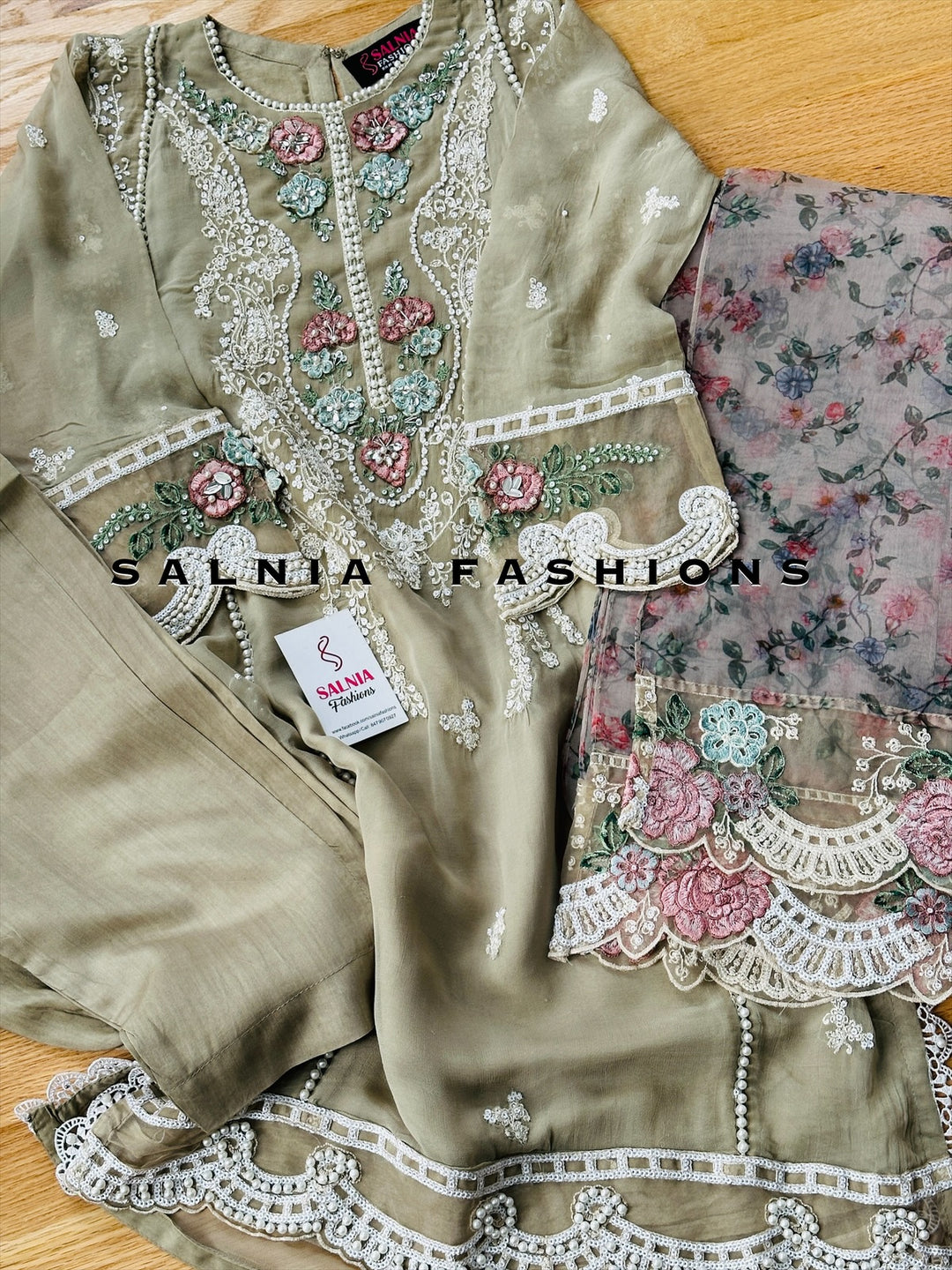 EMBROIDERED CHIFFON KIDS 3-PC SUIT BEIGE ALKD06