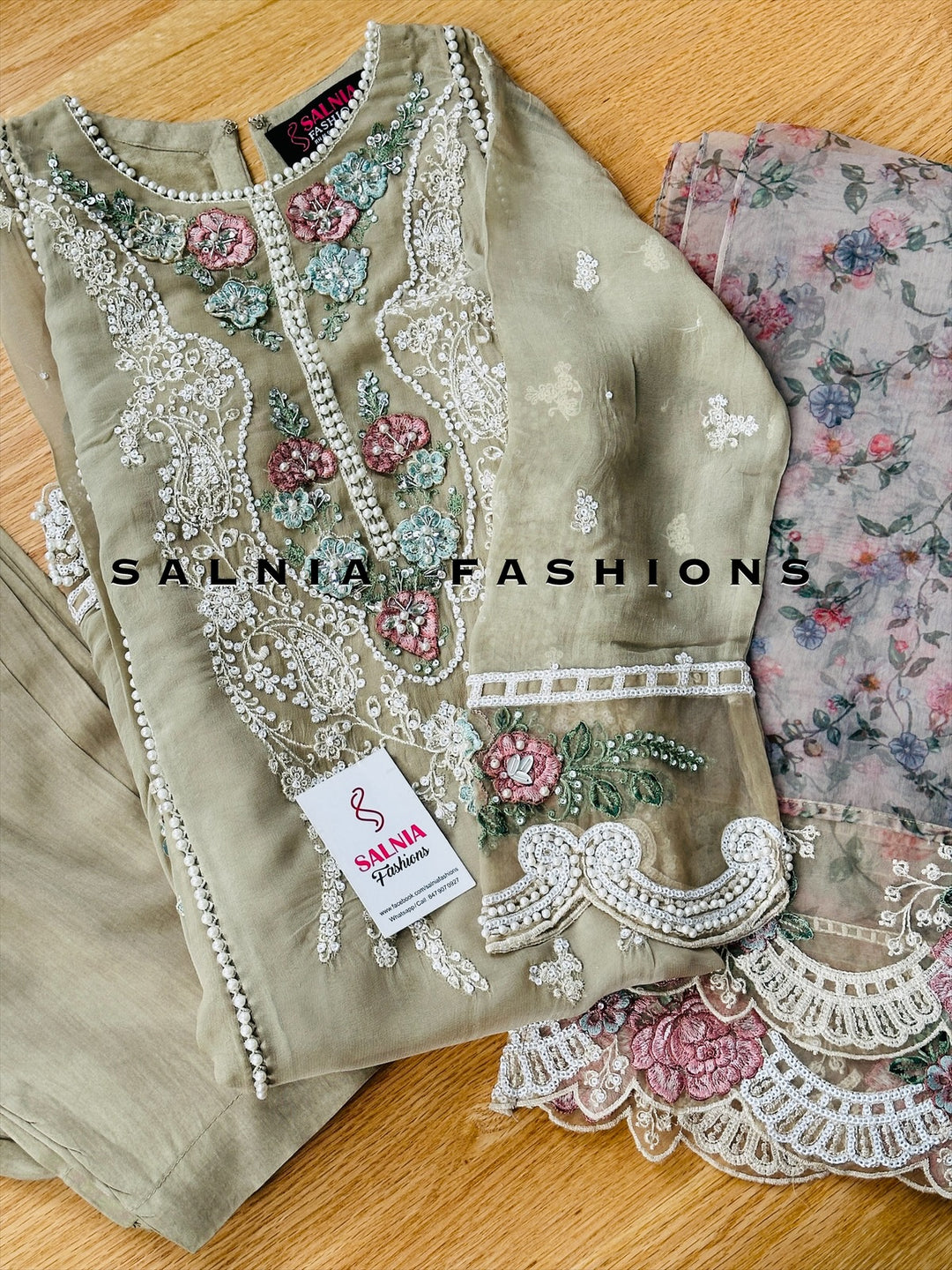 EMBROIDERED CHIFFON KIDS 3-PC SUIT BEIGE ALKD06