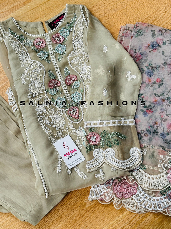 EMBROIDERED CHIFFON KIDS 3-PC SUIT BEIGE ALKD06