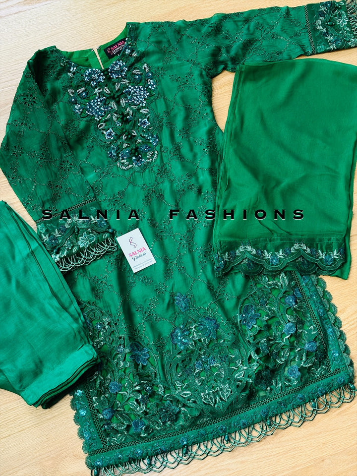 EMBROIDERED CHIFFON KIDS 3-PC SUIT GREEN ALKD09