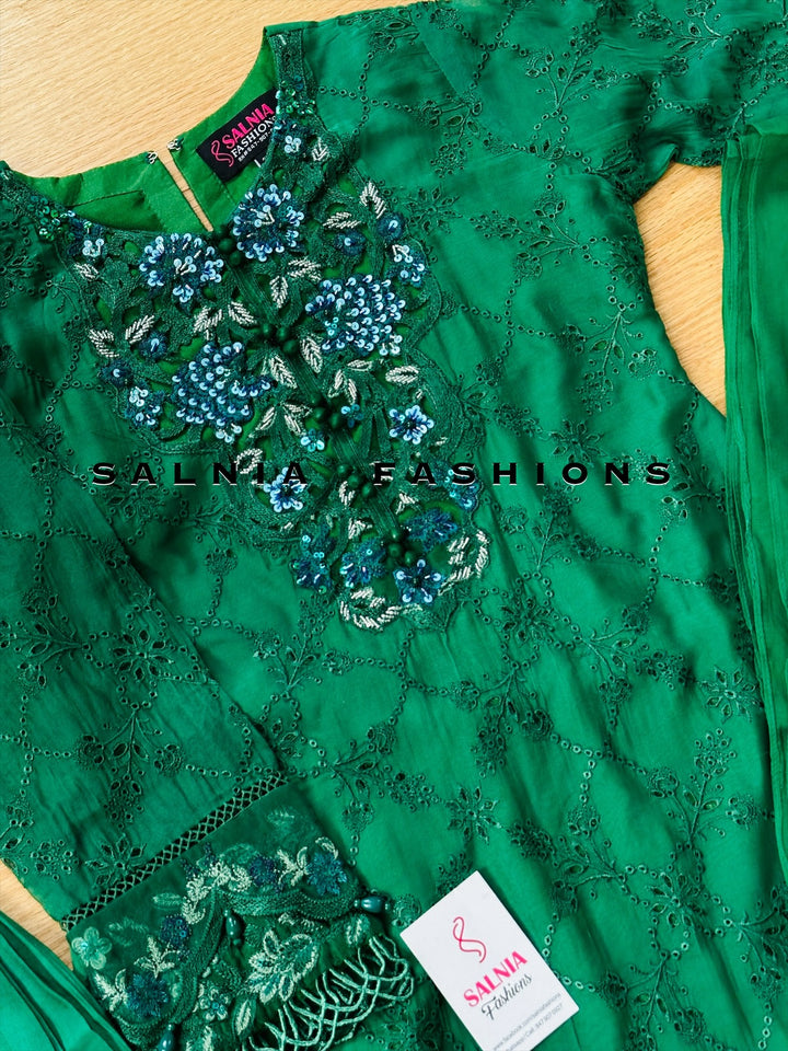 EMBROIDERED CHIFFON KIDS 3-PC SUIT GREEN ALKD09