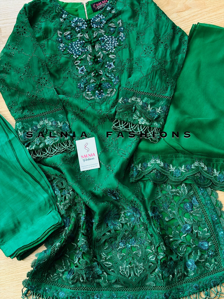 EMBROIDERED CHIFFON KIDS 3-PC SUIT GREEN ALKD09