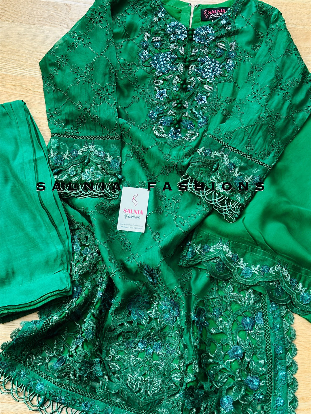 EMBROIDERED CHIFFON KIDS 3-PC SUIT GREEN ALKD09