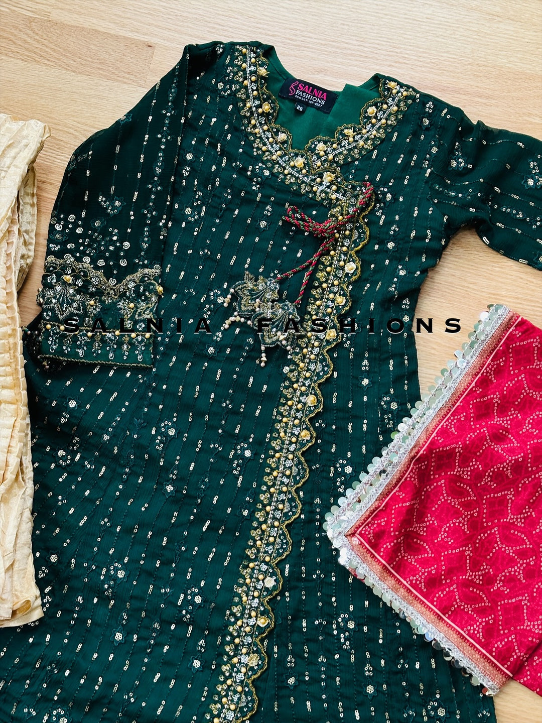 EMBROIDERED CHIFFON KIDS 3-PC SUIT GREEN ALKD03