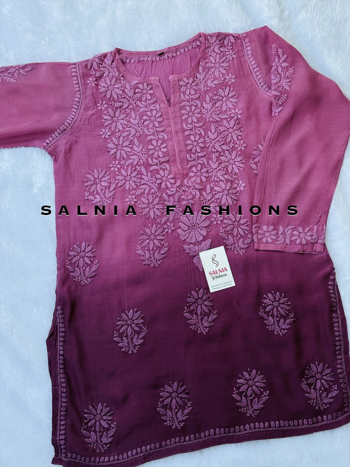 3-D CHIKANKARI OMBRE CREPE SILK TUNIC WINE CPSF01