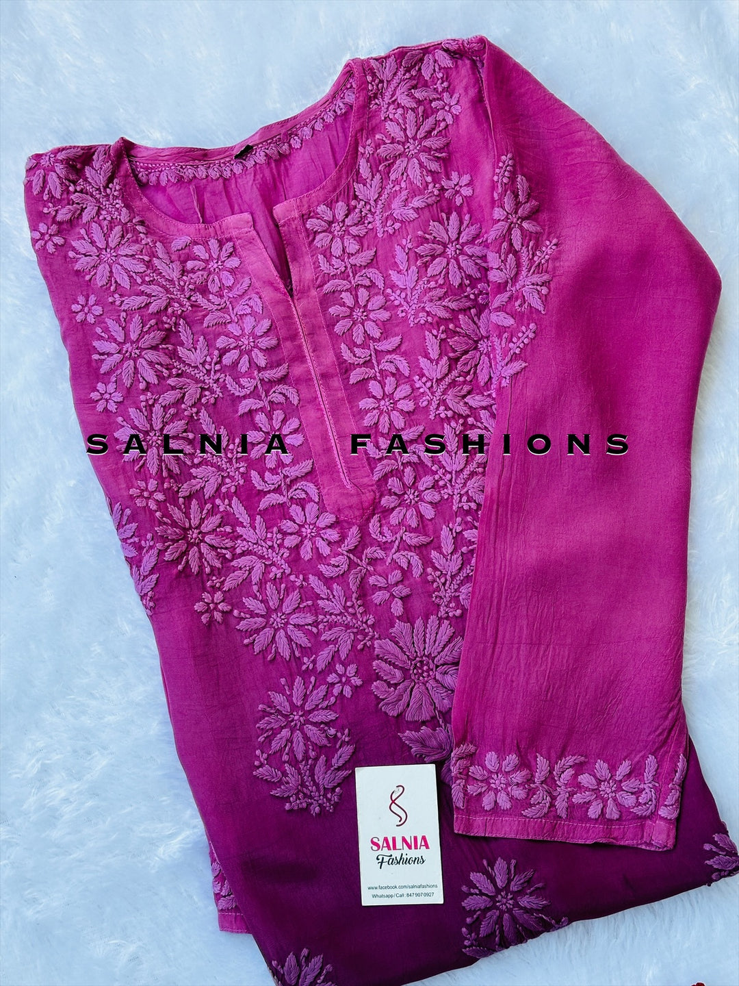 3-D CHIKANKARI OMBRE CREPE SILK TUNIC WINE CPSF01