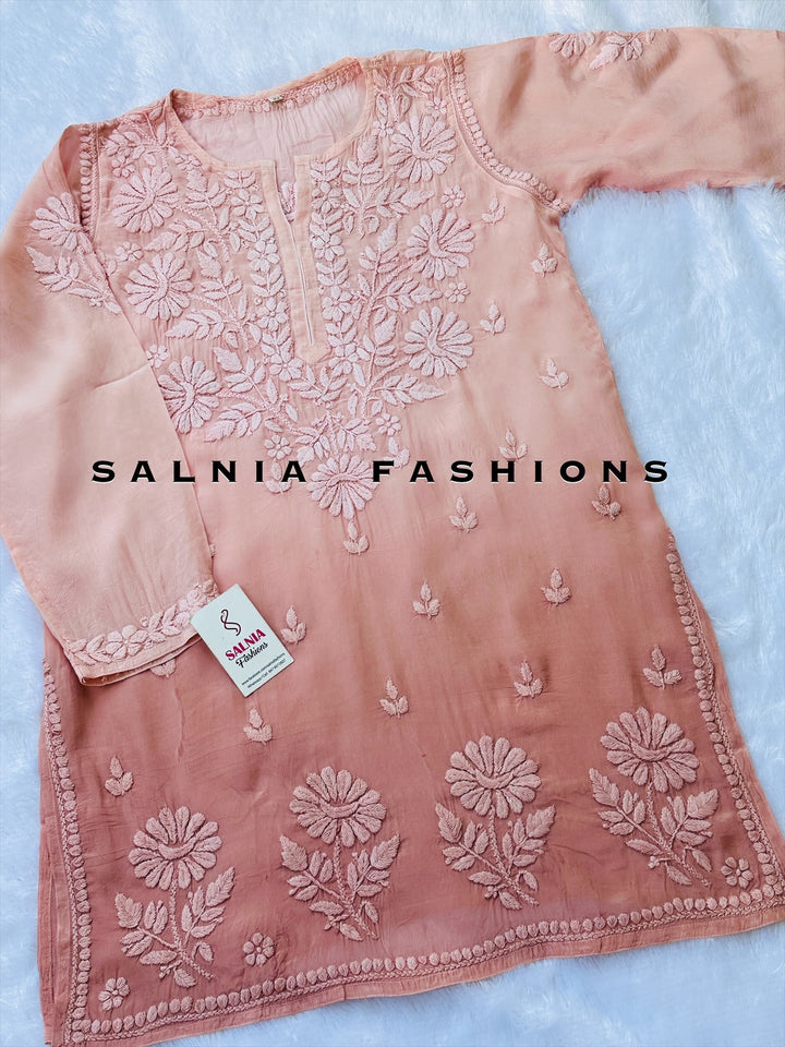 3-D CHIKANKARI OMBRE CREPE SILK TUNIC TEA PINK CPSF02