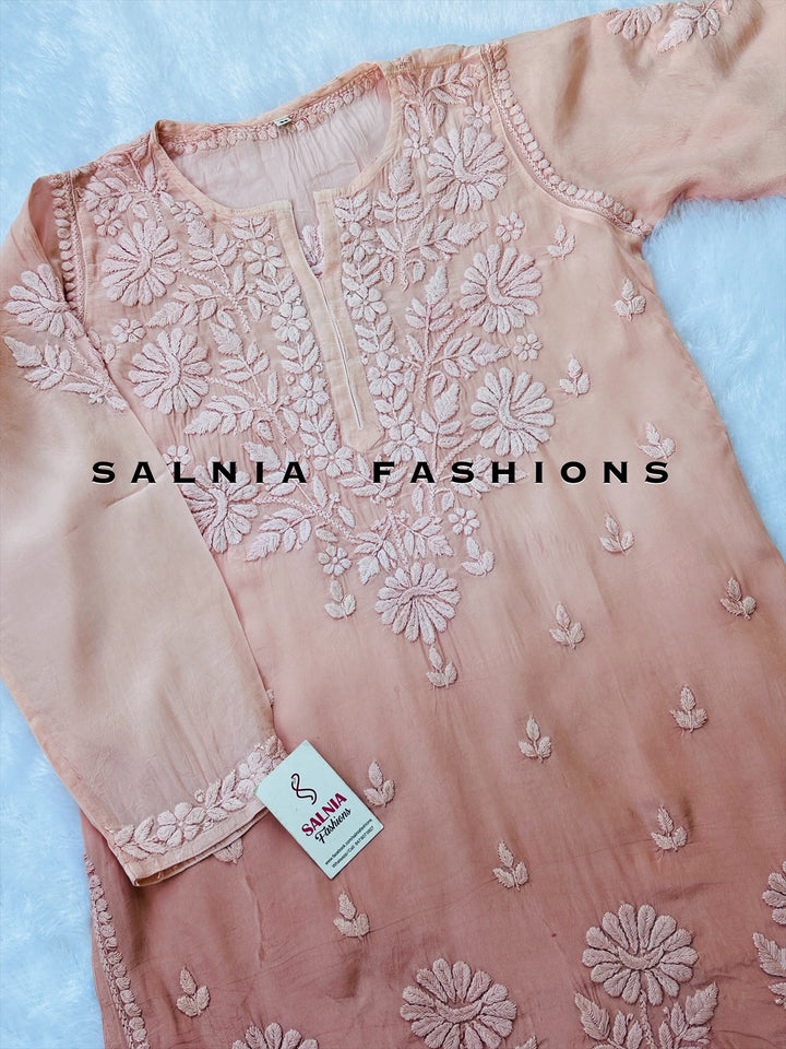 3-D CHIKANKARI OMBRE CREPE SILK TUNIC TEA PINK CPSF02