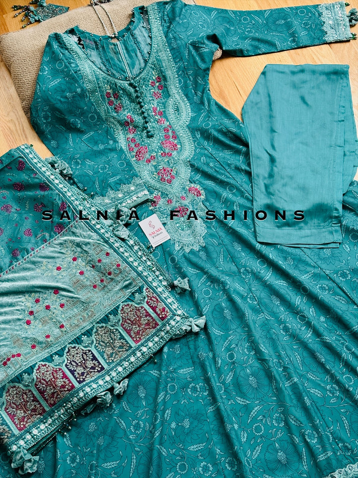 RAW SILK EMBROIDERED PARTYWEAR FROCK ALPW49