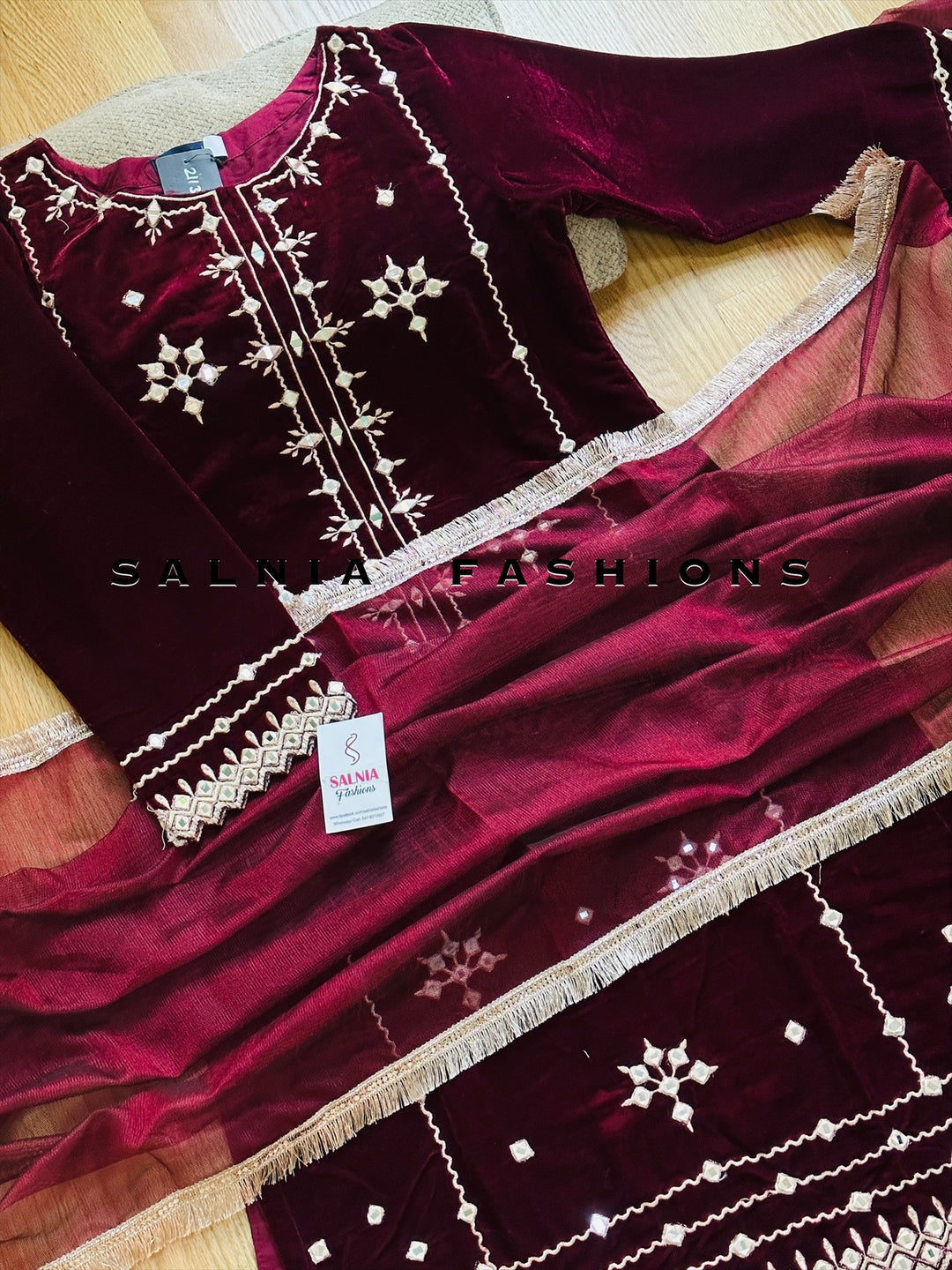 EMBROIDERED VELVET SUIT WITH MIRROR WORK MAROON